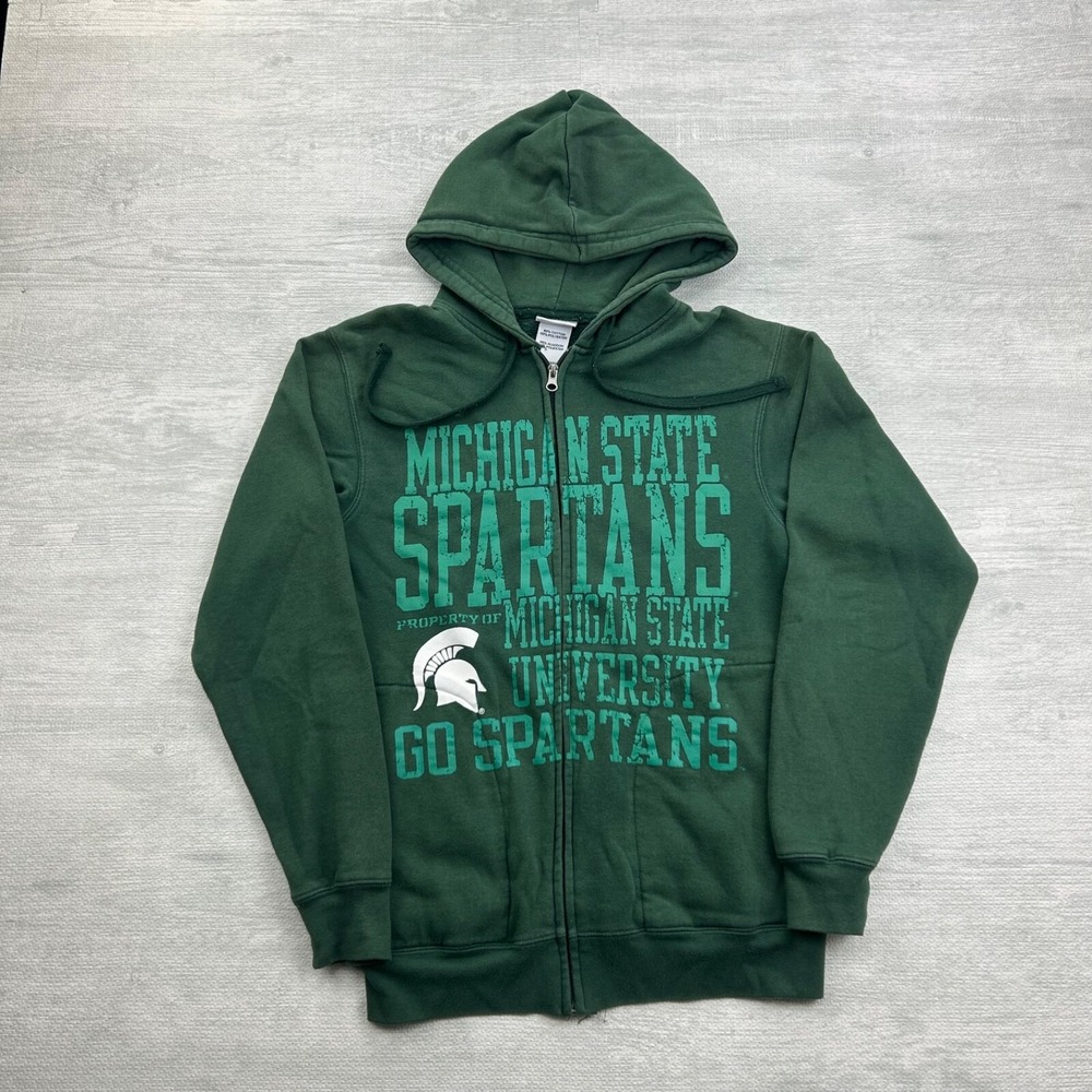 Vintage 90s Michigan State Spartans Sweatshirt Size Small Green Full Zip Hoodie